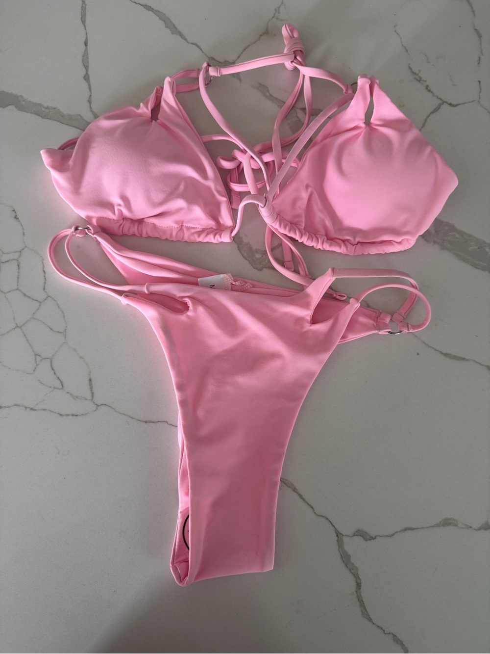 Pink Strappy Triangle Bikini Set Size Medium, thong bottom